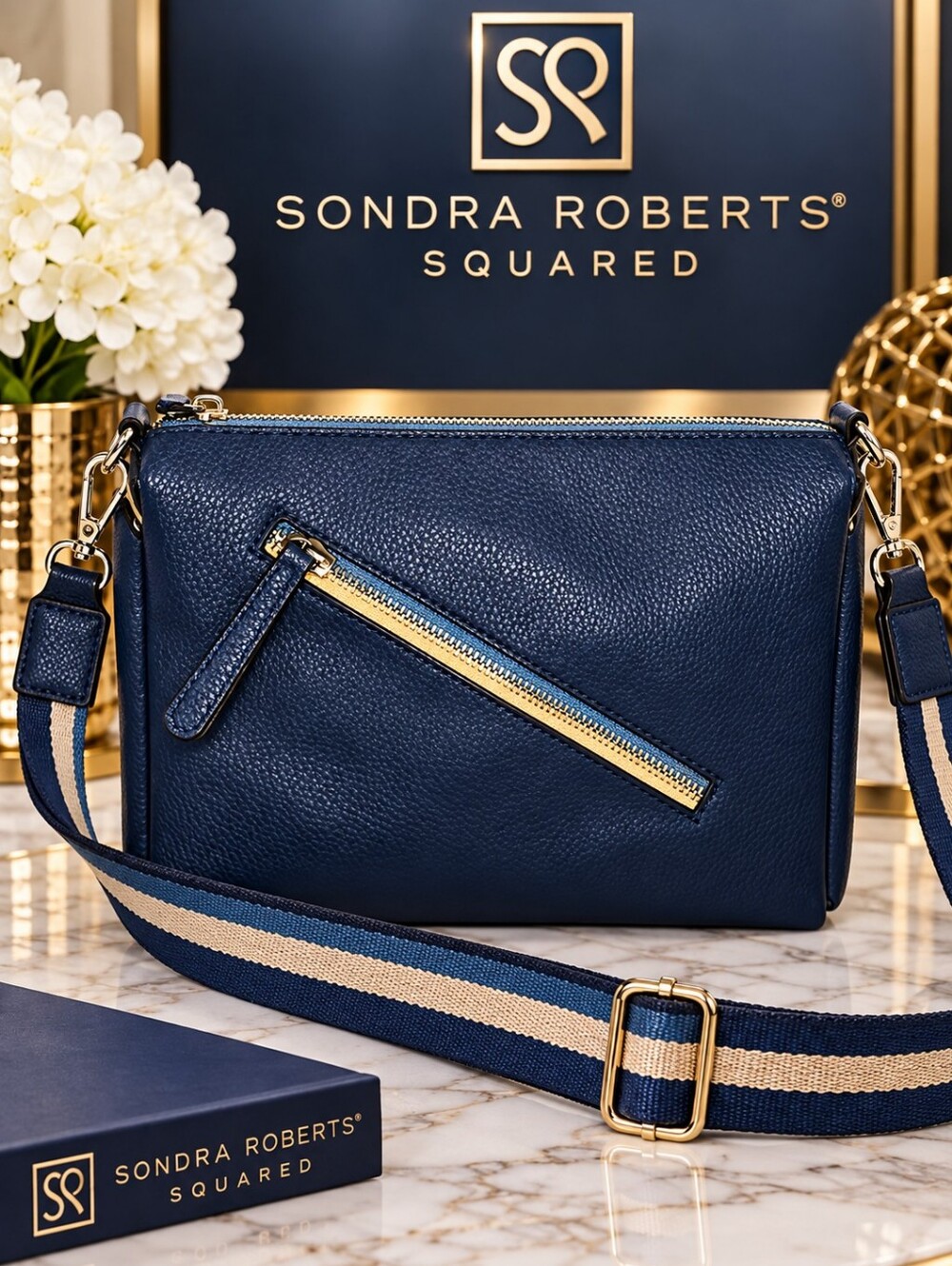 Sondra Roberts Squared Blue & Tan Pebbled Leather Crossbody Bag EUC